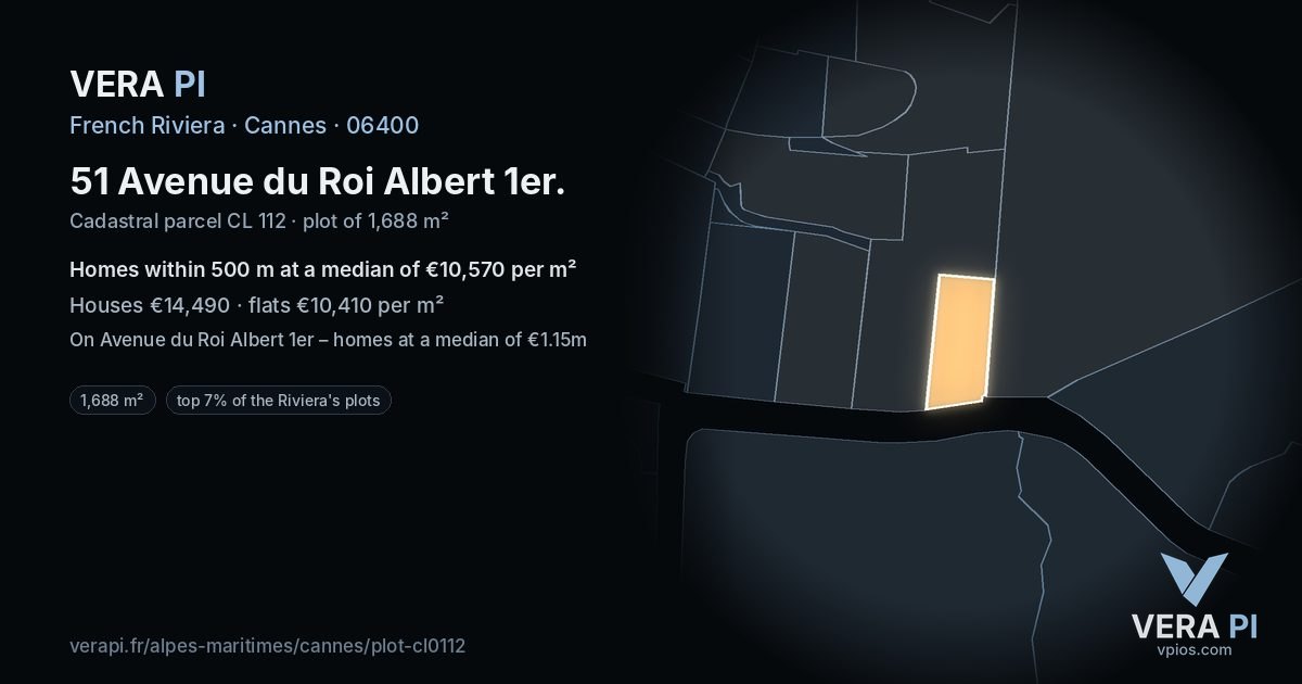 51 Avenue du Roi Albert 1er, Cannes at night – the plot lit, the parcels around coloured by the prices near them