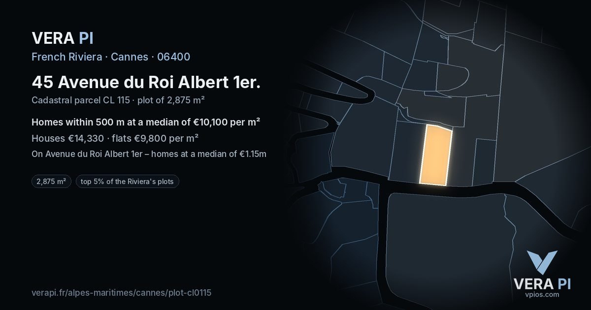 45 Avenue du Roi Albert 1er, Cannes at night – the plot lit, the parcels around coloured by the prices near them