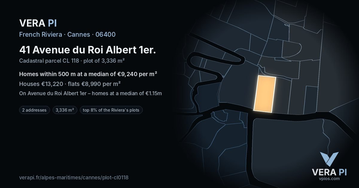 41 Avenue du Roi Albert 1er, Cannes at night – the plot lit, the parcels around coloured by the prices near them