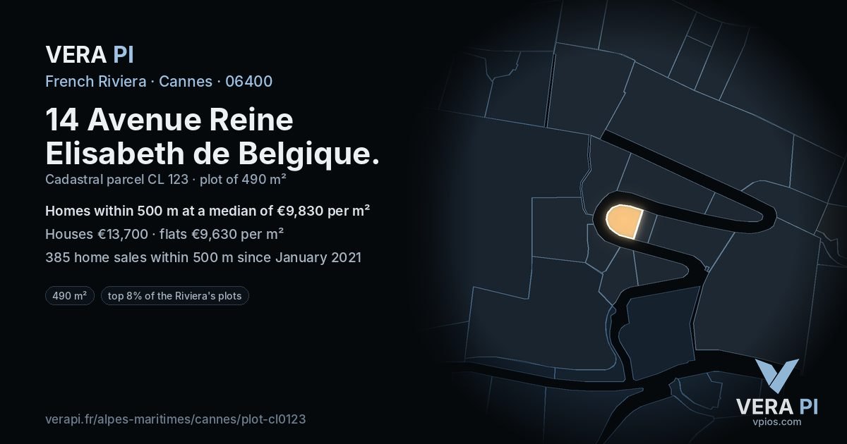 14 Avenue Reine Elisabeth de Belgique, Cannes at night – the plot lit, the parcels around coloured by the prices near them