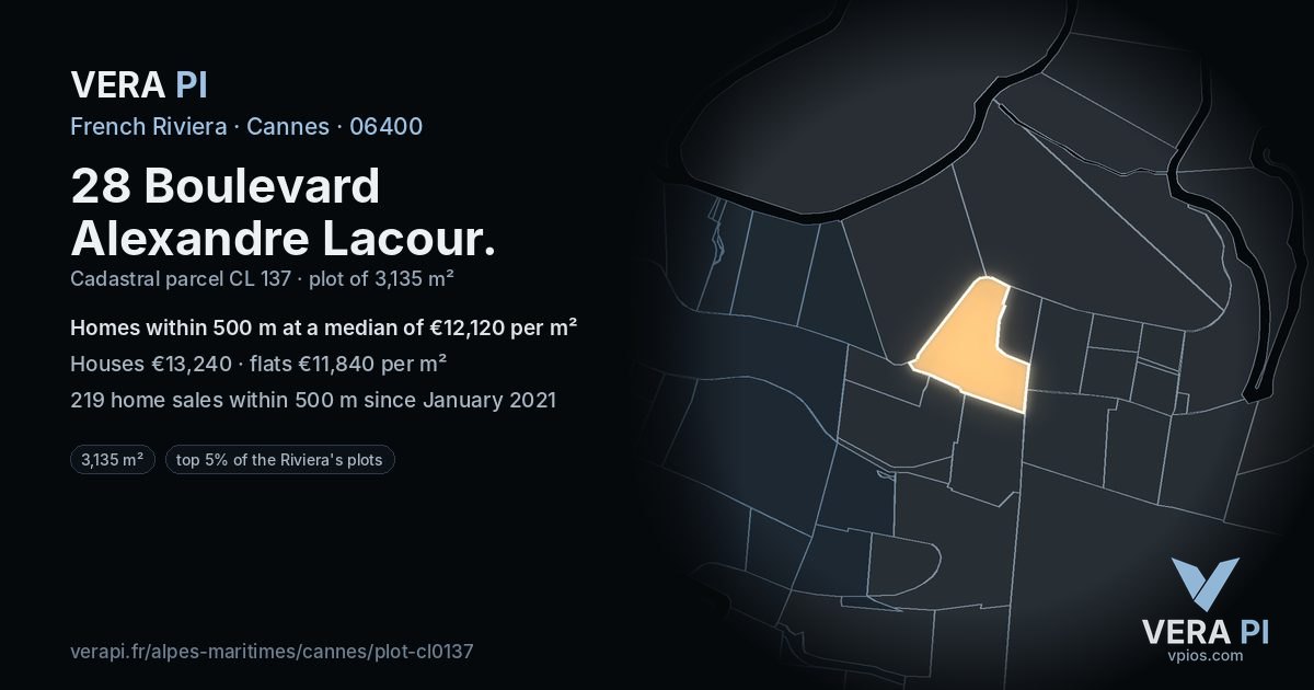 28 Boulevard Alexandre Lacour, Cannes at night – the plot lit, the parcels around coloured by the prices near them