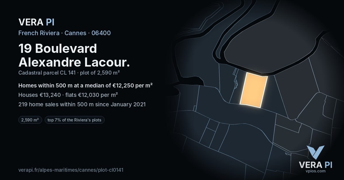 19 Boulevard Alexandre Lacour, Cannes at night – the plot lit, the parcels around coloured by the prices near them