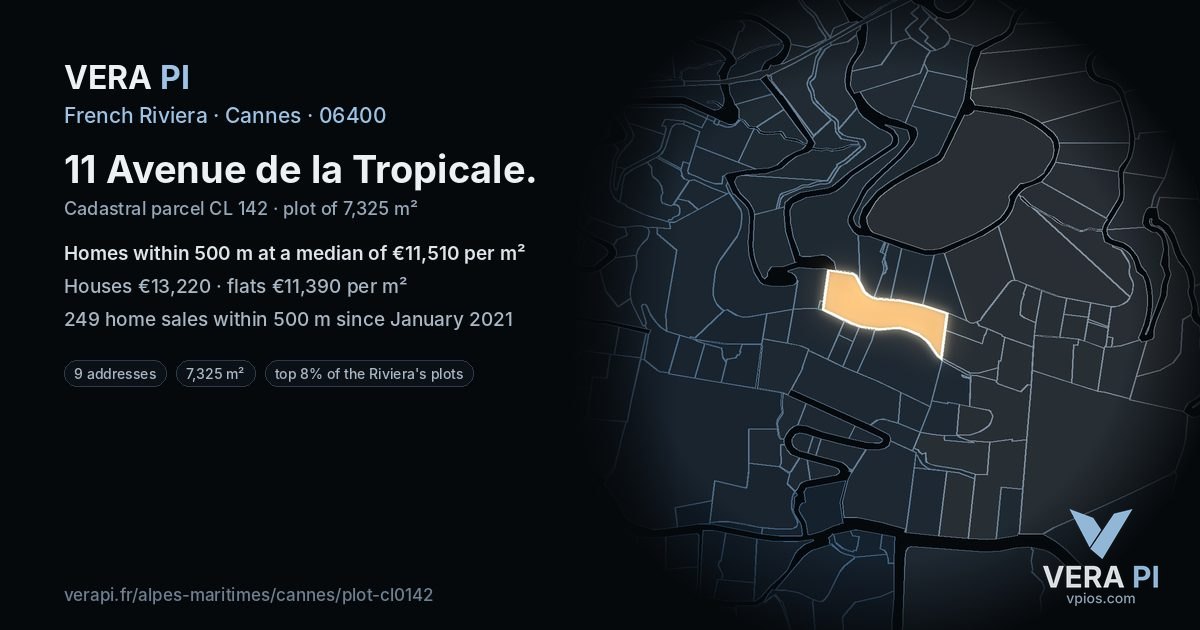 11 Avenue de la Tropicale, Cannes at night – the plot lit, the parcels around coloured by the prices near them