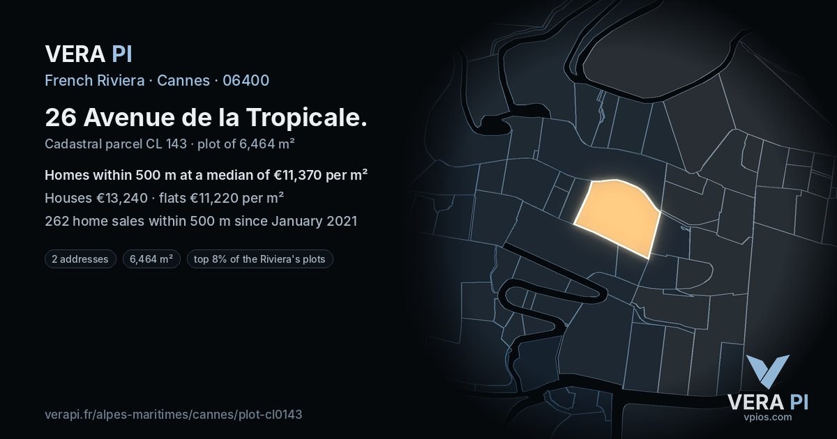 26 Avenue de la Tropicale, Cannes at night – the plot lit, the parcels around coloured by the prices near them