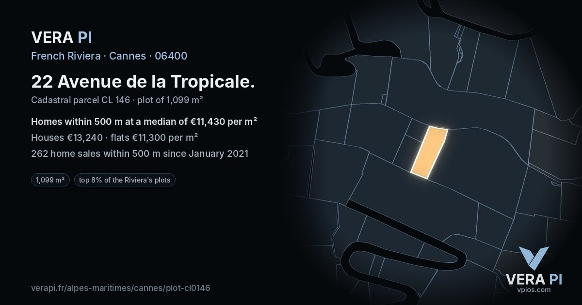 22 Avenue de la Tropicale, Cannes at night – the plot lit, the parcels around coloured by the prices near them