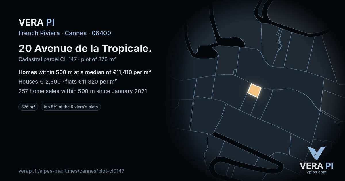 20 Avenue de la Tropicale, Cannes at night – the plot lit, the parcels around coloured by the prices near them