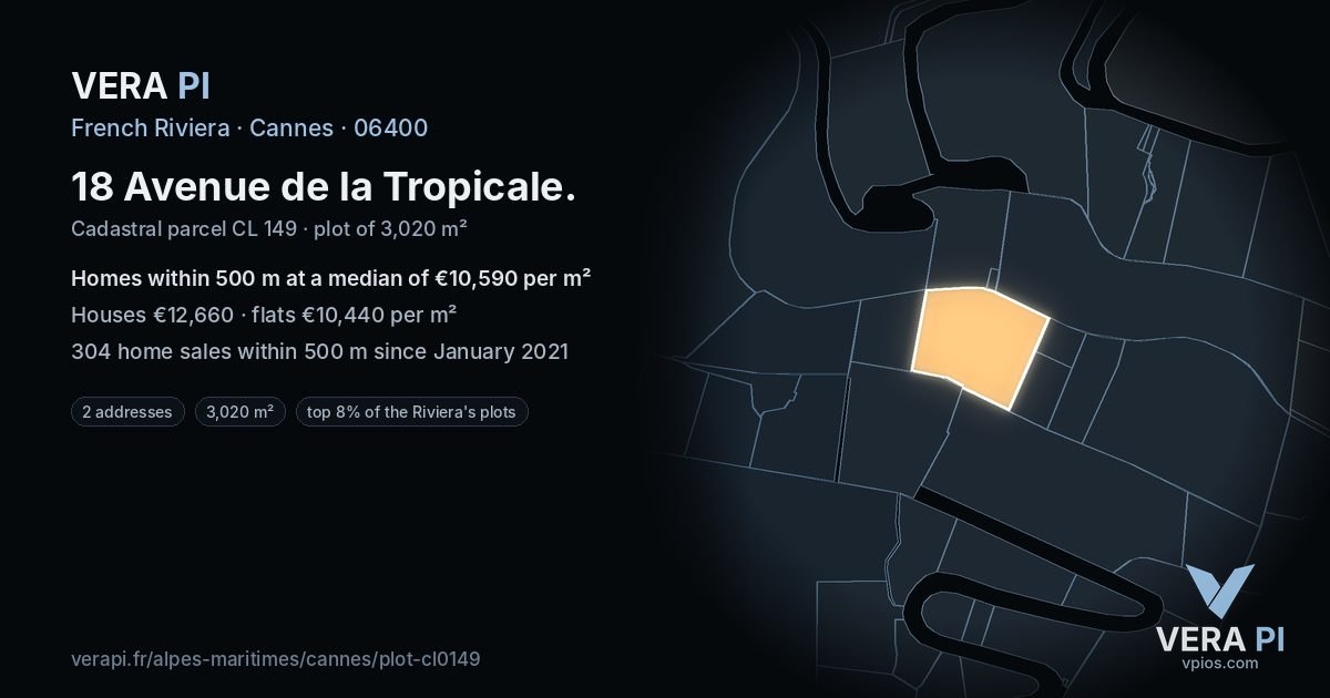 18 Avenue de la Tropicale, Cannes at night – the plot lit, the parcels around coloured by the prices near them