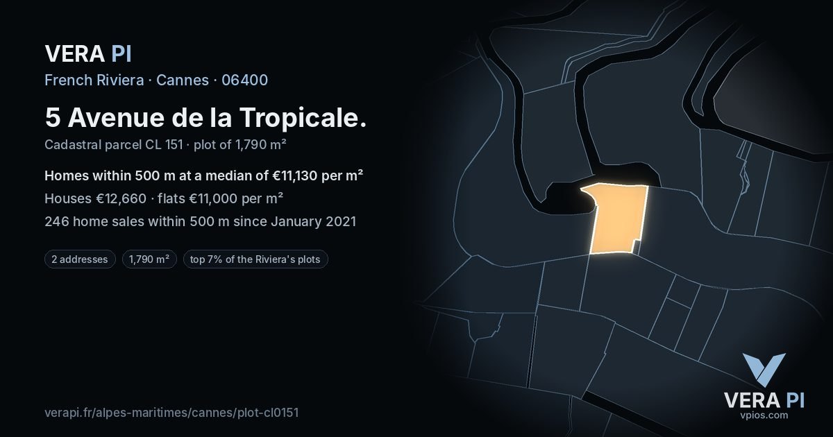 5 Avenue de la Tropicale, Cannes at night – the plot lit, the parcels around coloured by the prices near them