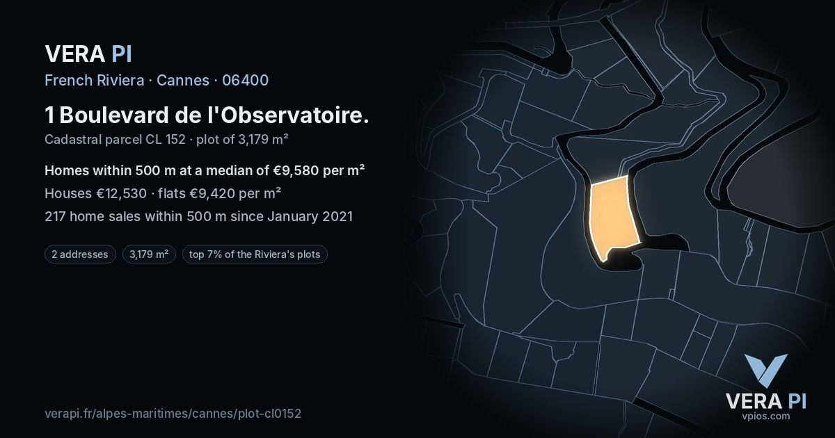 1 Boulevard de l'Observatoire, Cannes at night – the plot lit, the parcels around coloured by the prices near them