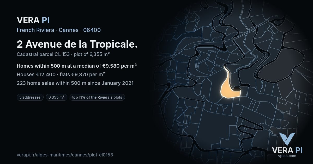2 Avenue de la Tropicale, Cannes at night – the plot lit, the parcels around coloured by the prices near them