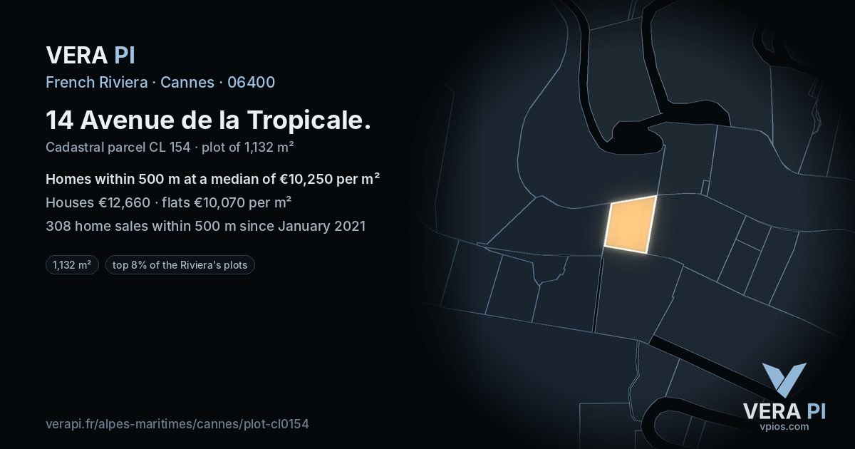 14 Avenue de la Tropicale, Cannes at night – the plot lit, the parcels around coloured by the prices near them