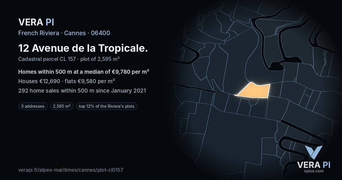 12 Avenue de la Tropicale, Cannes at night – the plot lit, the parcels around coloured by the prices near them