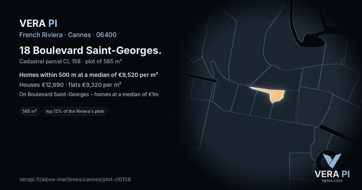 18 Boulevard Saint-Georges, Cannes at night – the plot lit, the parcels around coloured by the prices near them