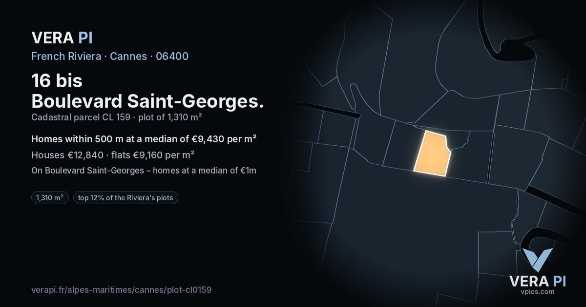 16 bis Boulevard Saint-Georges, Cannes at night – the plot lit, the parcels around coloured by the prices near them