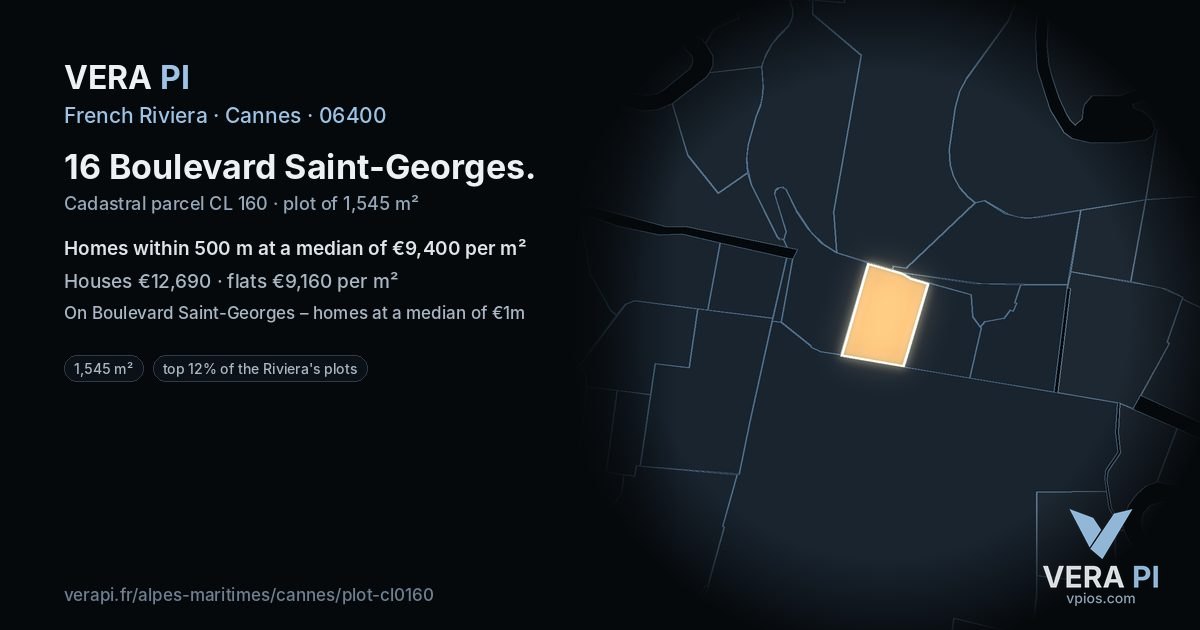 16 Boulevard Saint-Georges, Cannes at night – the plot lit, the parcels around coloured by the prices near them