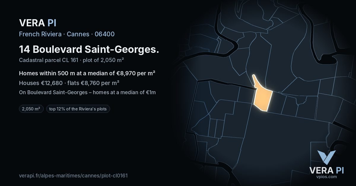 14 Boulevard Saint-Georges, Cannes at night – the plot lit, the parcels around coloured by the prices near them