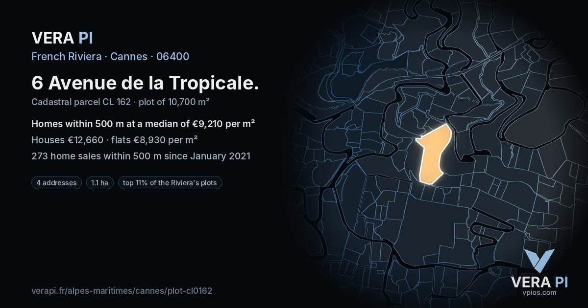 6 Avenue de la Tropicale, Cannes at night – the plot lit, the parcels around coloured by the prices near them