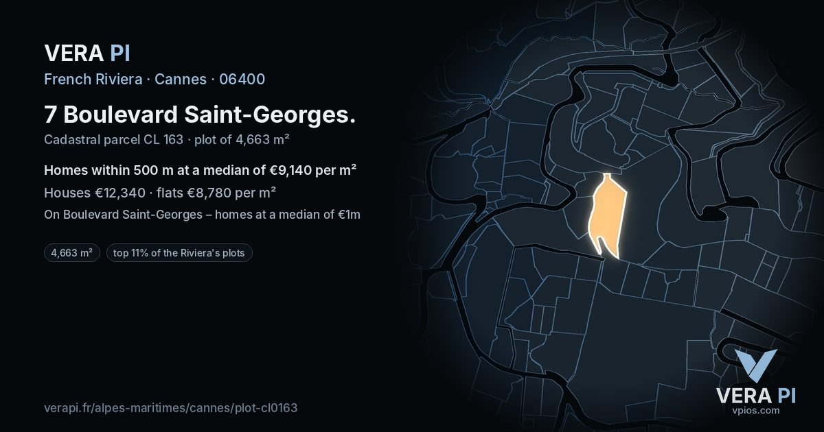 7 Boulevard Saint-Georges, Cannes at night – the plot lit, the parcels around coloured by the prices near them
