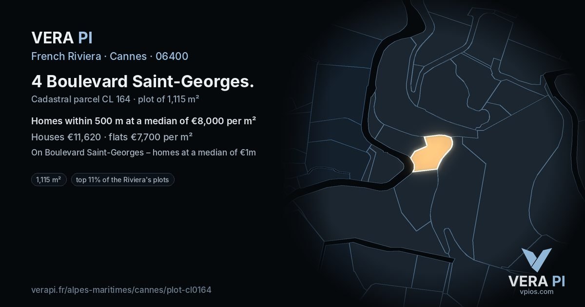 4 Boulevard Saint-Georges, Cannes at night – the plot lit, the parcels around coloured by the prices near them