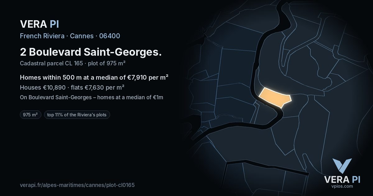 2 Boulevard Saint-Georges, Cannes at night – the plot lit, the parcels around coloured by the prices near them