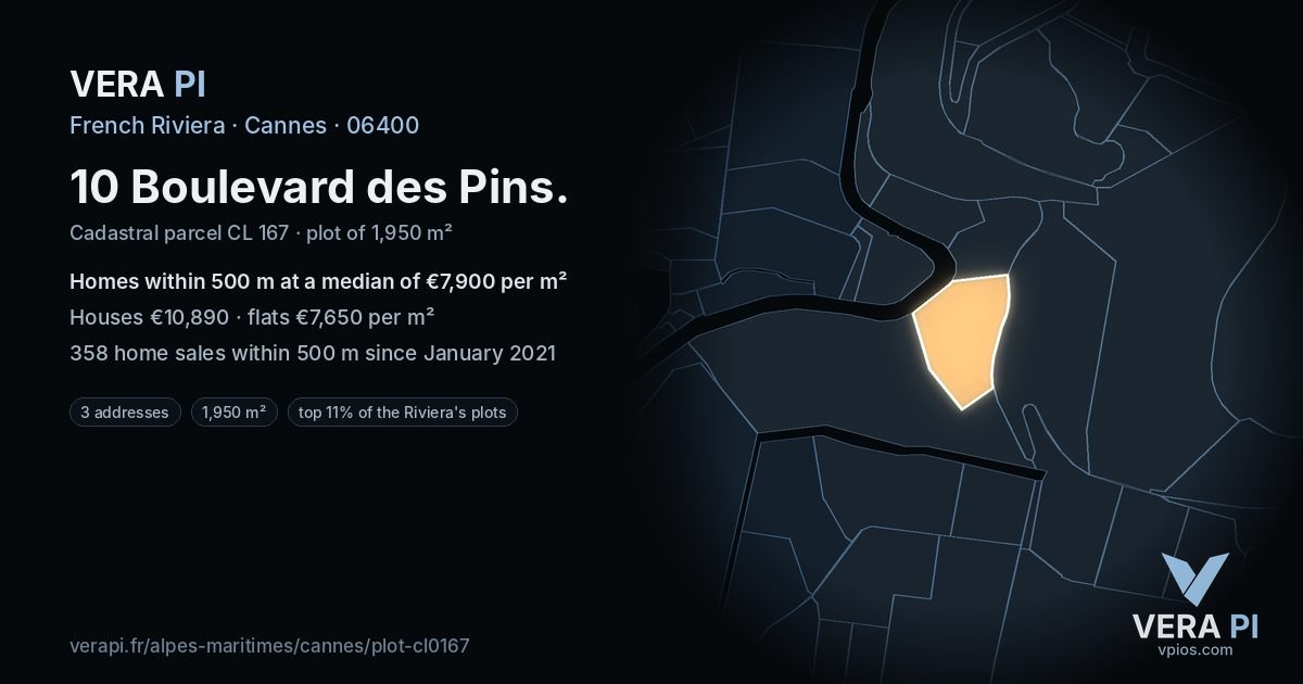 10 Boulevard des Pins, Cannes at night – the plot lit, the parcels around coloured by the prices near them
