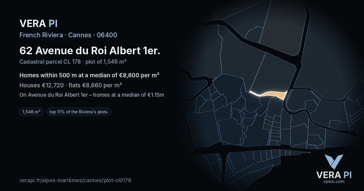 62 Avenue du Roi Albert 1er, Cannes at night – the plot lit, the parcels around coloured by the prices near them