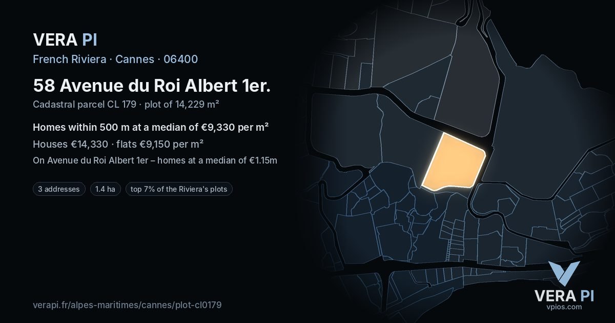 58 Avenue du Roi Albert 1er, Cannes at night – the plot lit, the parcels around coloured by the prices near them