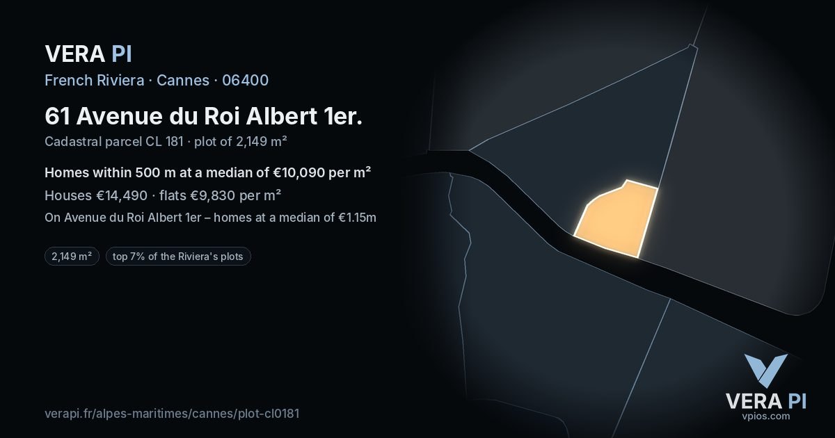 61 Avenue du Roi Albert 1er, Cannes at night – the plot lit, the parcels around coloured by the prices near them