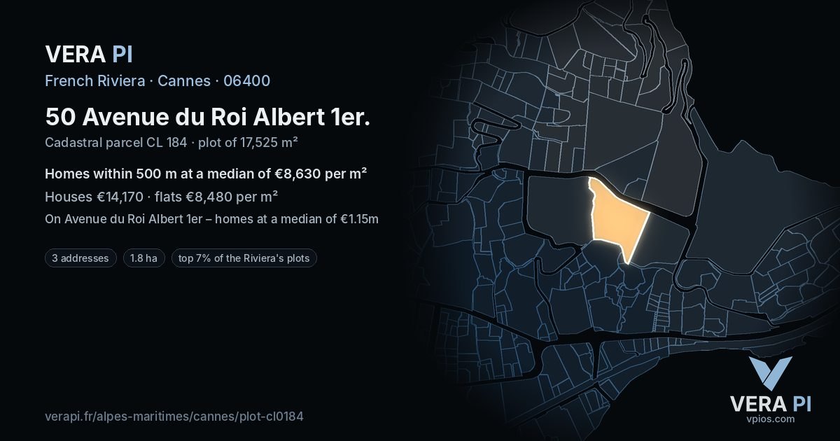 50 Avenue du Roi Albert 1er, Cannes at night – the plot lit, the parcels around coloured by the prices near them