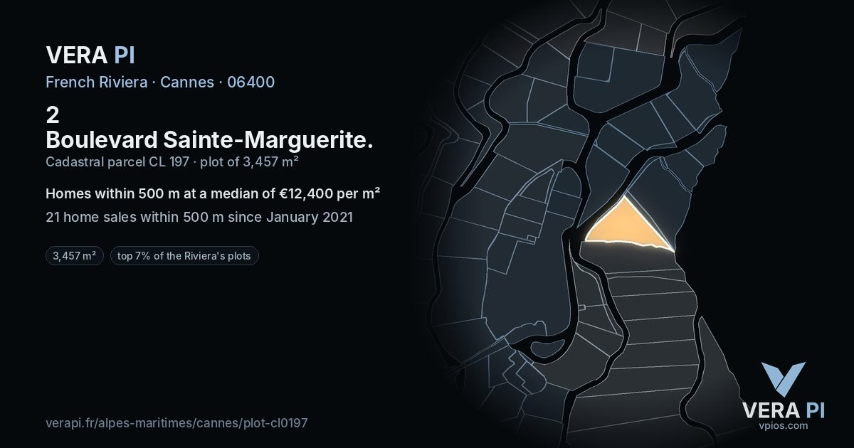 2 Boulevard Sainte-Marguerite, Cannes at night – the plot lit, the parcels around coloured by the prices near them