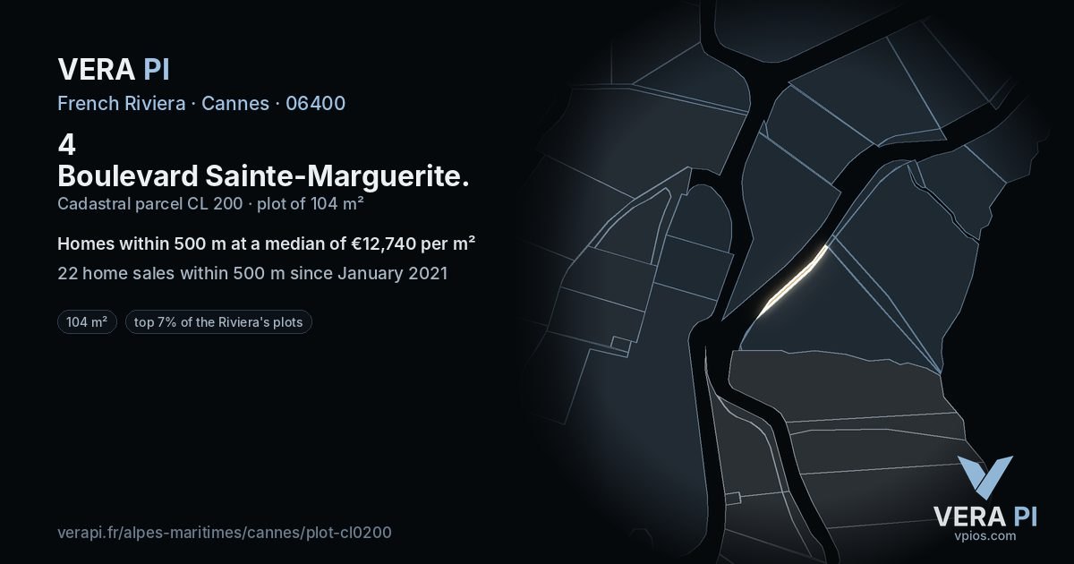 4 Boulevard Sainte-Marguerite, Cannes at night – the plot lit, the parcels around coloured by the prices near them