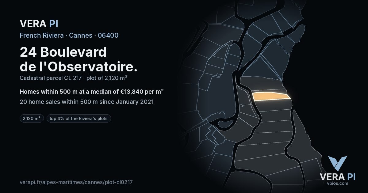 24 Boulevard de l'Observatoire, Cannes at night – the plot lit, the parcels around coloured by the prices near them