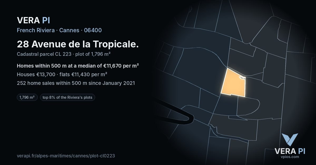28 Avenue de la Tropicale, Cannes at night – the plot lit, the parcels around coloured by the prices near them