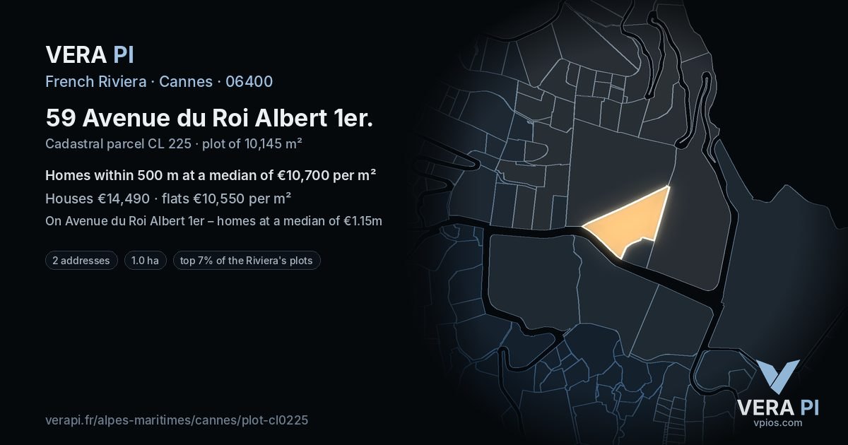 59 Avenue du Roi Albert 1er, Cannes at night – the plot lit, the parcels around coloured by the prices near them