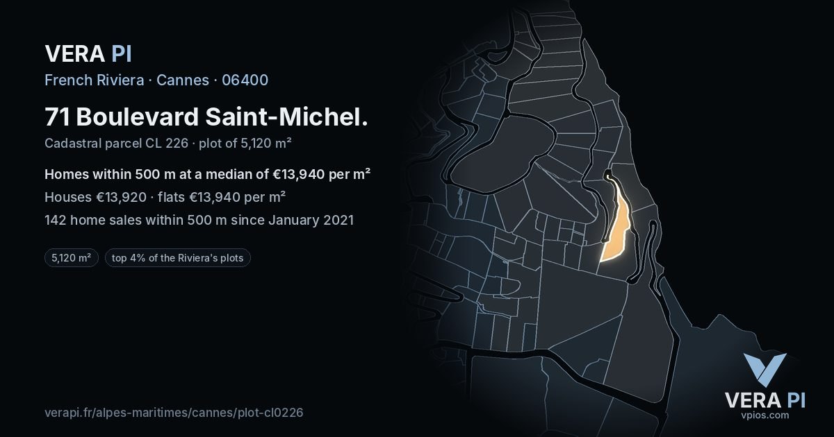 71 Boulevard Saint-Michel, Cannes at night – the plot lit, the parcels around coloured by the prices near them