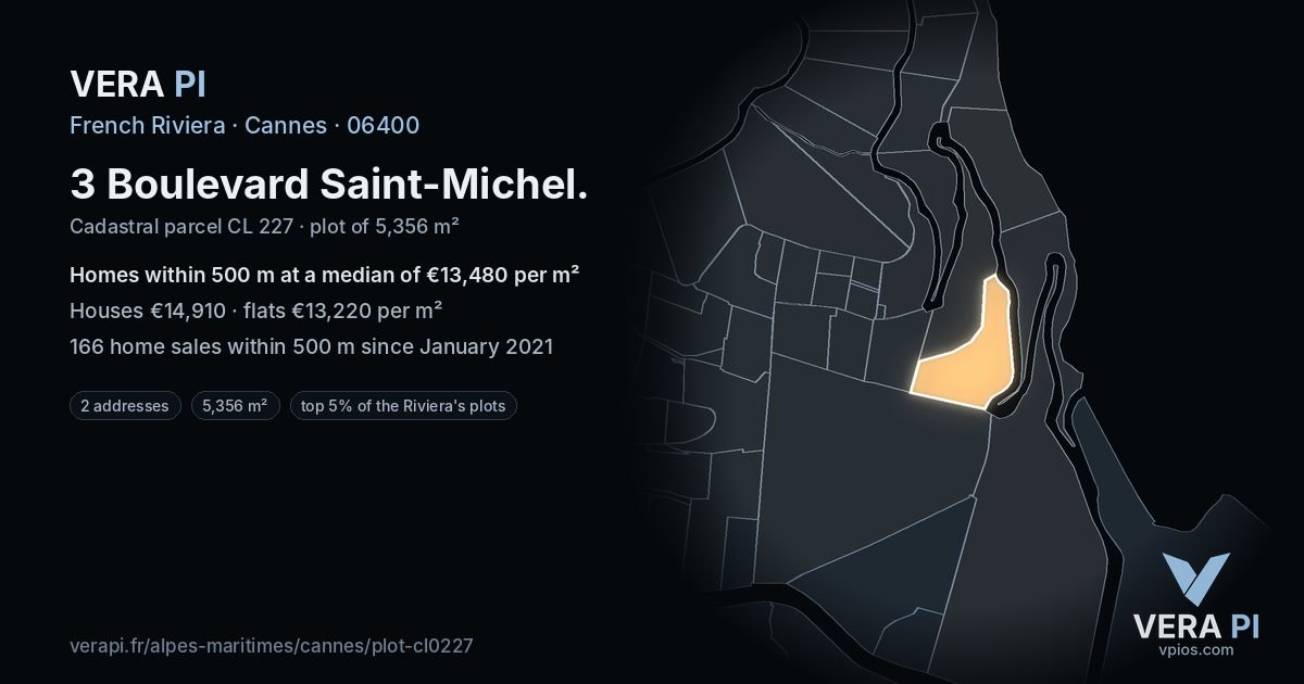 3 Boulevard Saint-Michel, Cannes at night – the plot lit, the parcels around coloured by the prices near them