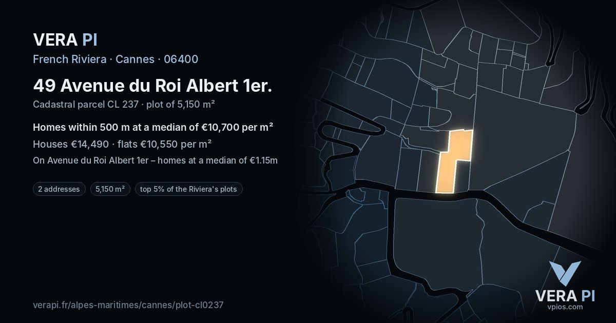 49 Avenue du Roi Albert 1er, Cannes at night – the plot lit, the parcels around coloured by the prices near them