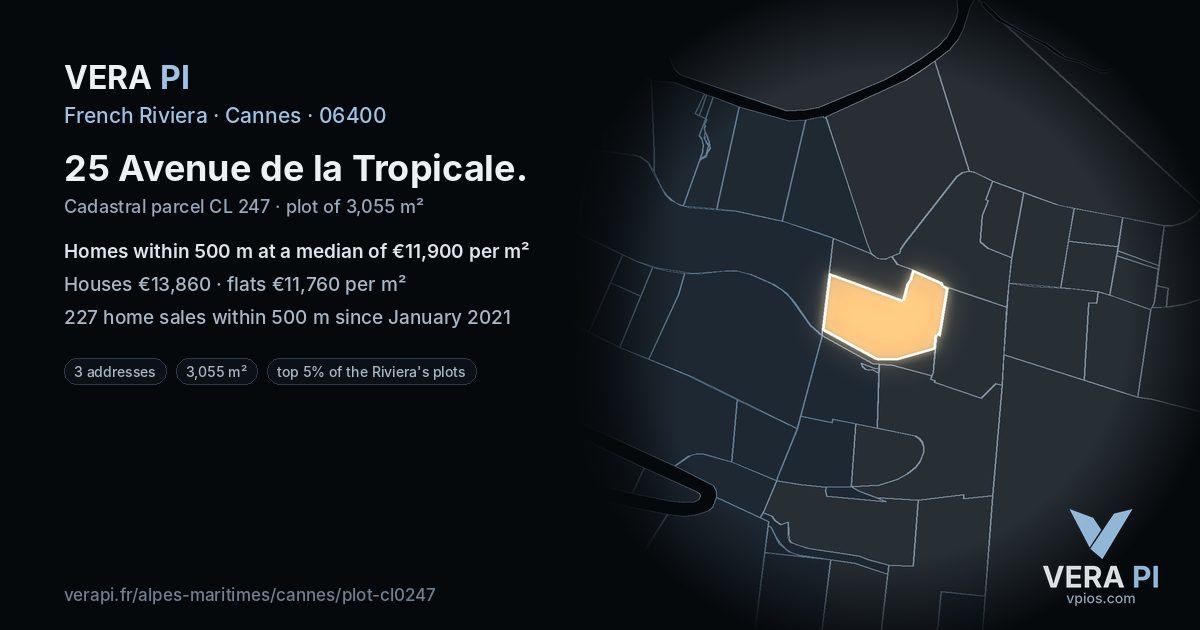 25 Avenue de la Tropicale, Cannes at night – the plot lit, the parcels around coloured by the prices near them