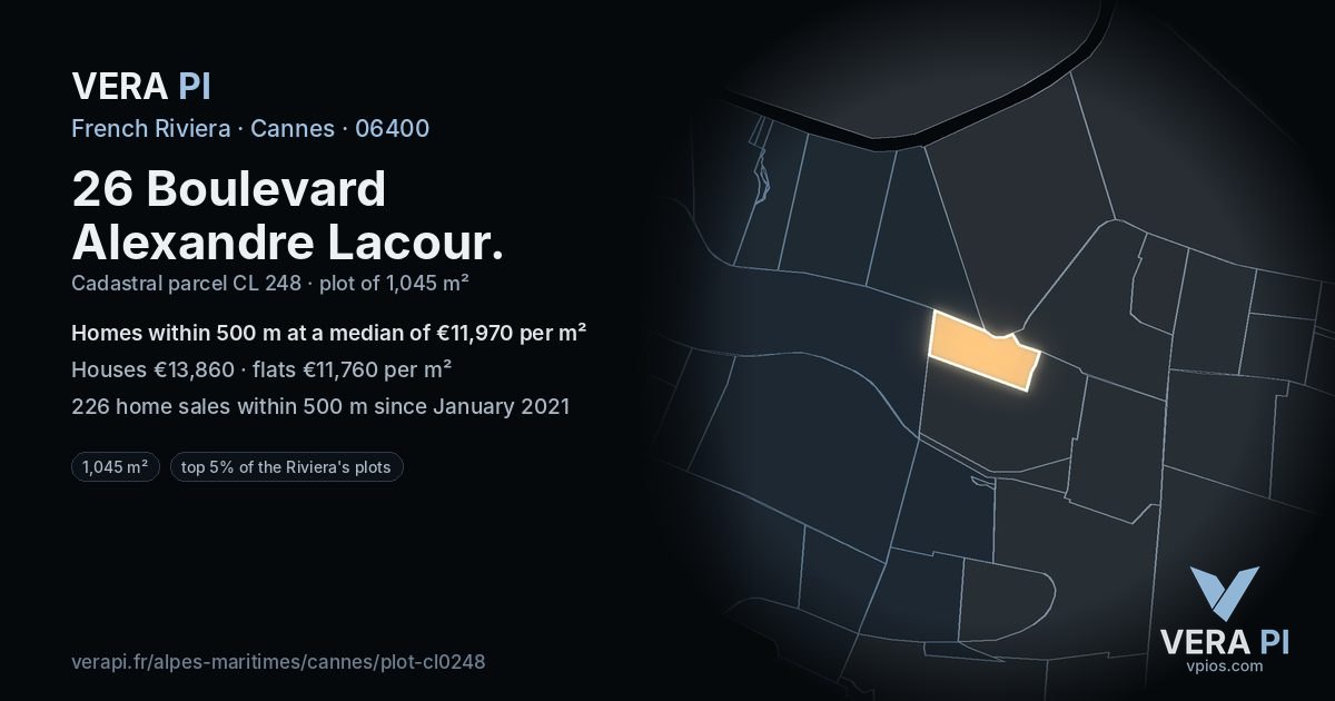 26 Boulevard Alexandre Lacour, Cannes at night – the plot lit, the parcels around coloured by the prices near them