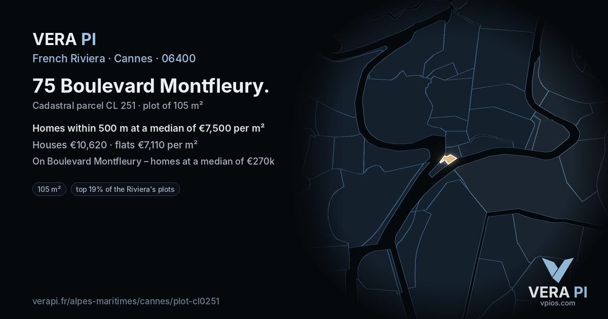 75 Boulevard Montfleury, Cannes at night – the plot lit, the parcels around coloured by the prices near them