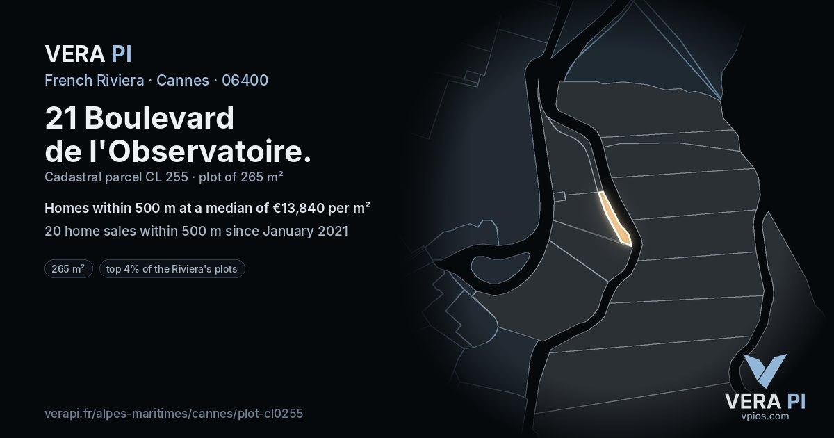 21 Boulevard de l'Observatoire, Cannes at night – the plot lit, the parcels around coloured by the prices near them