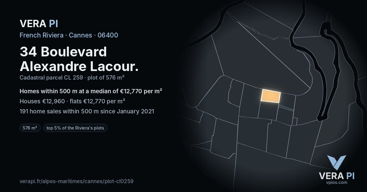 34 Boulevard Alexandre Lacour, Cannes at night – the plot lit, the parcels around coloured by the prices near them