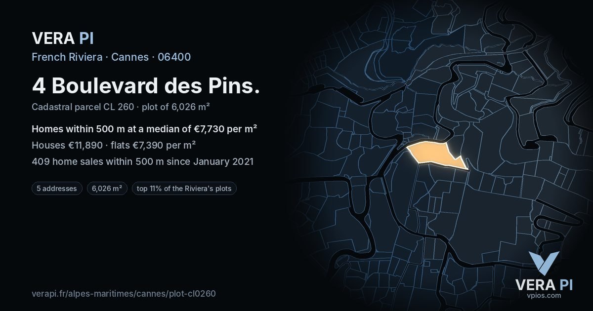 4 Boulevard des Pins, Cannes at night – the plot lit, the parcels around coloured by the prices near them