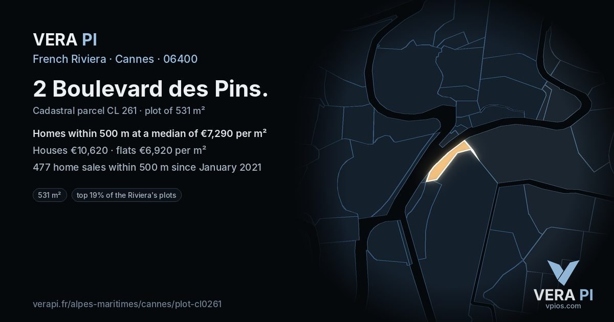 2 Boulevard des Pins, Cannes at night – the plot lit, the parcels around coloured by the prices near them