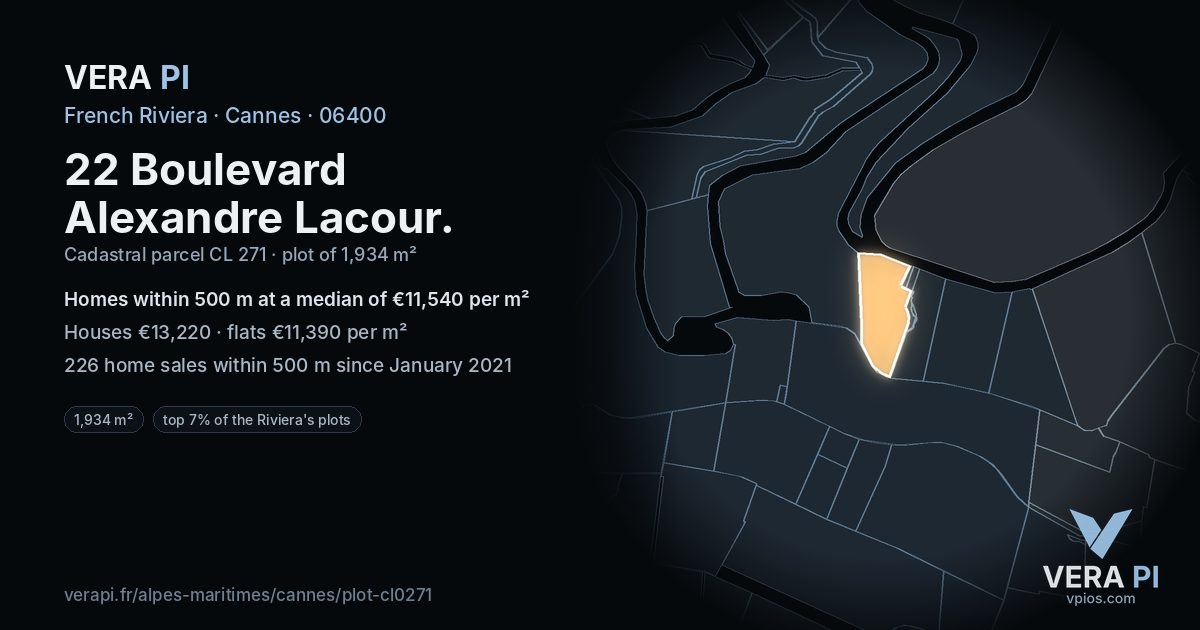 22 Boulevard Alexandre Lacour, Cannes at night – the plot lit, the parcels around coloured by the prices near them