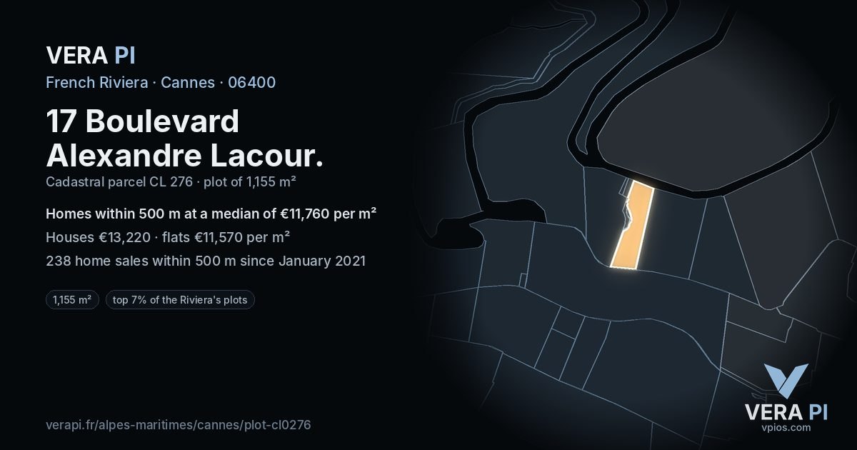 17 Boulevard Alexandre Lacour, Cannes at night – the plot lit, the parcels around coloured by the prices near them