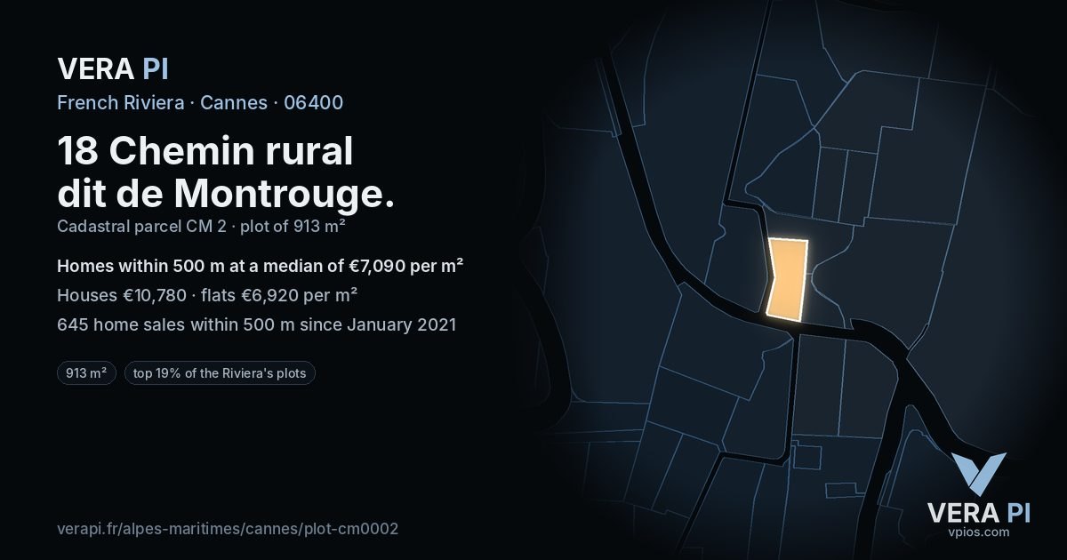18 Chemin rural dit de Montrouge, Cannes at night – the plot lit, the parcels around coloured by the prices near them