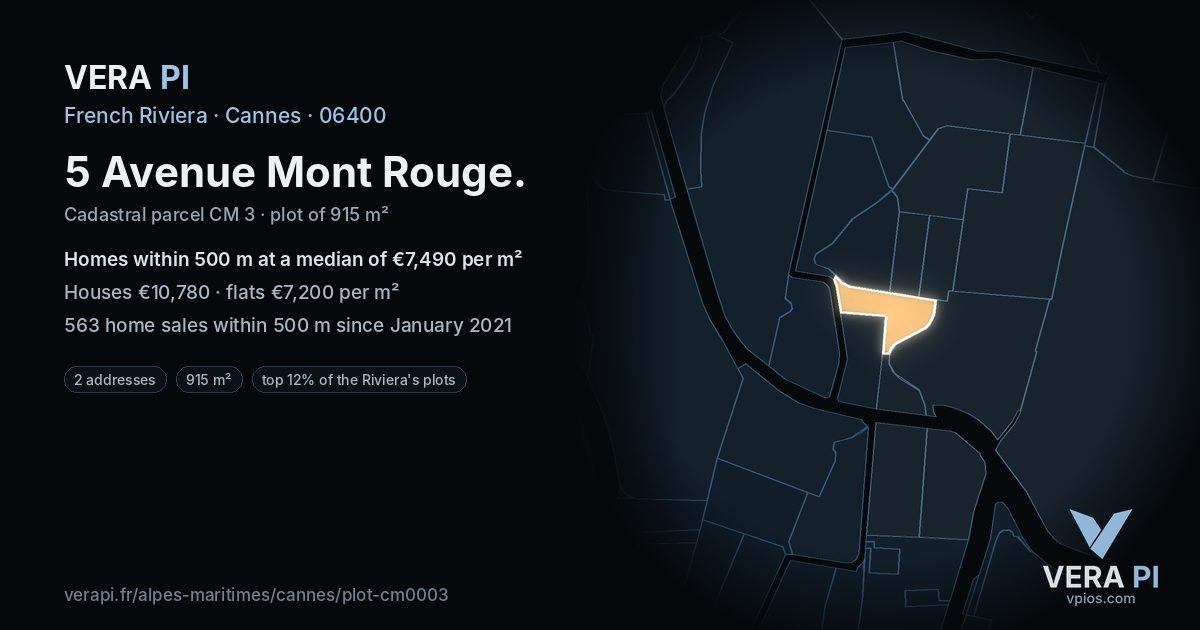 5 Avenue Mont Rouge, Cannes at night – the plot lit, the parcels around coloured by the prices near them