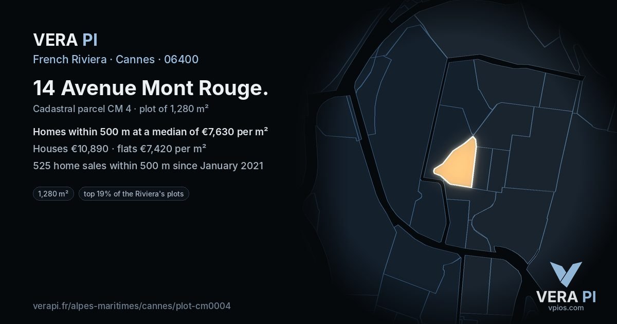 14 Avenue Mont Rouge, Cannes at night – the plot lit, the parcels around coloured by the prices near them