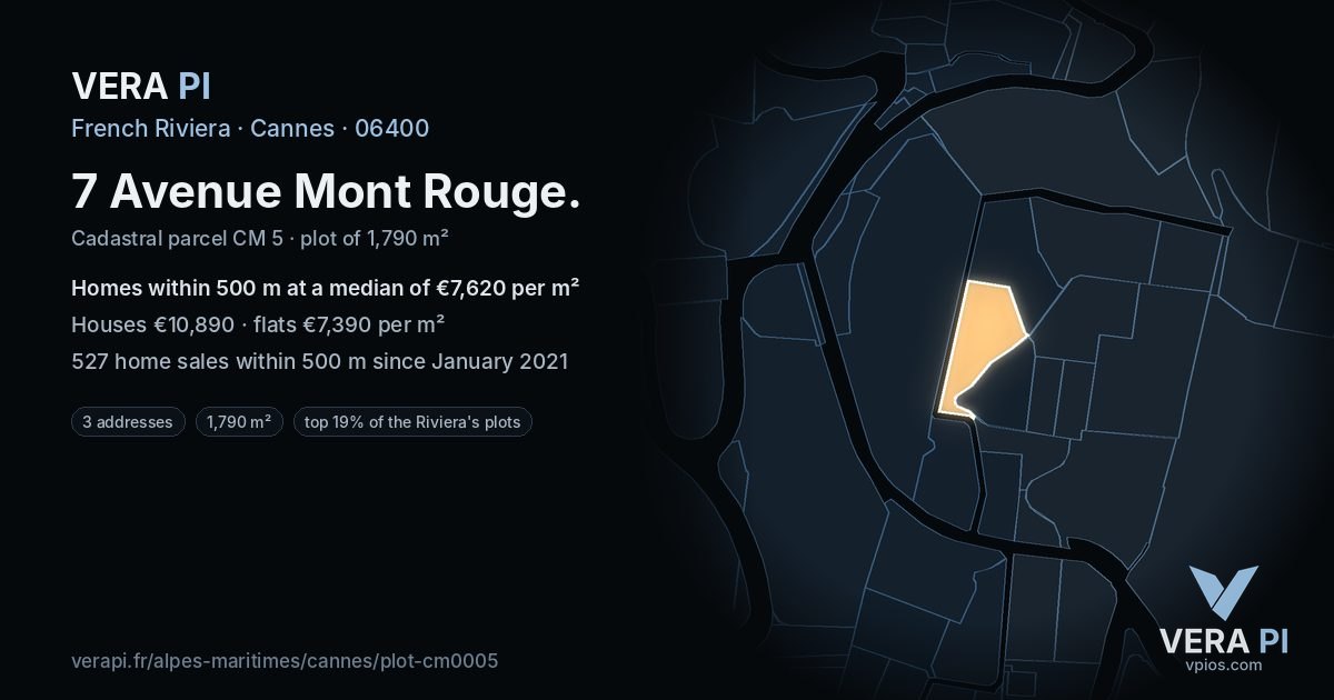 7 Avenue Mont Rouge, Cannes at night – the plot lit, the parcels around coloured by the prices near them